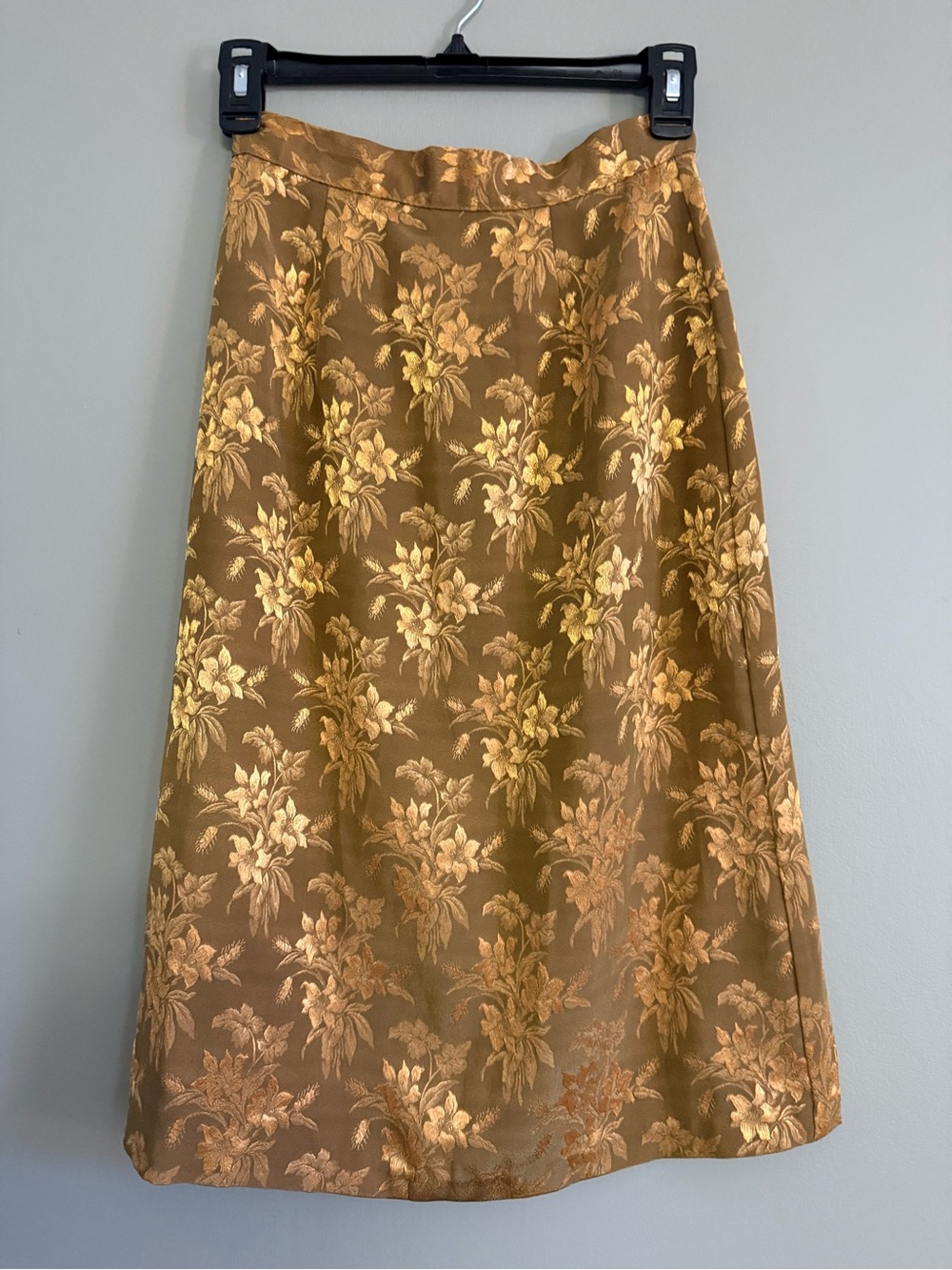 Vintage Floral Brocade Midi Skirt Olive Bronze Gold Size 5 6